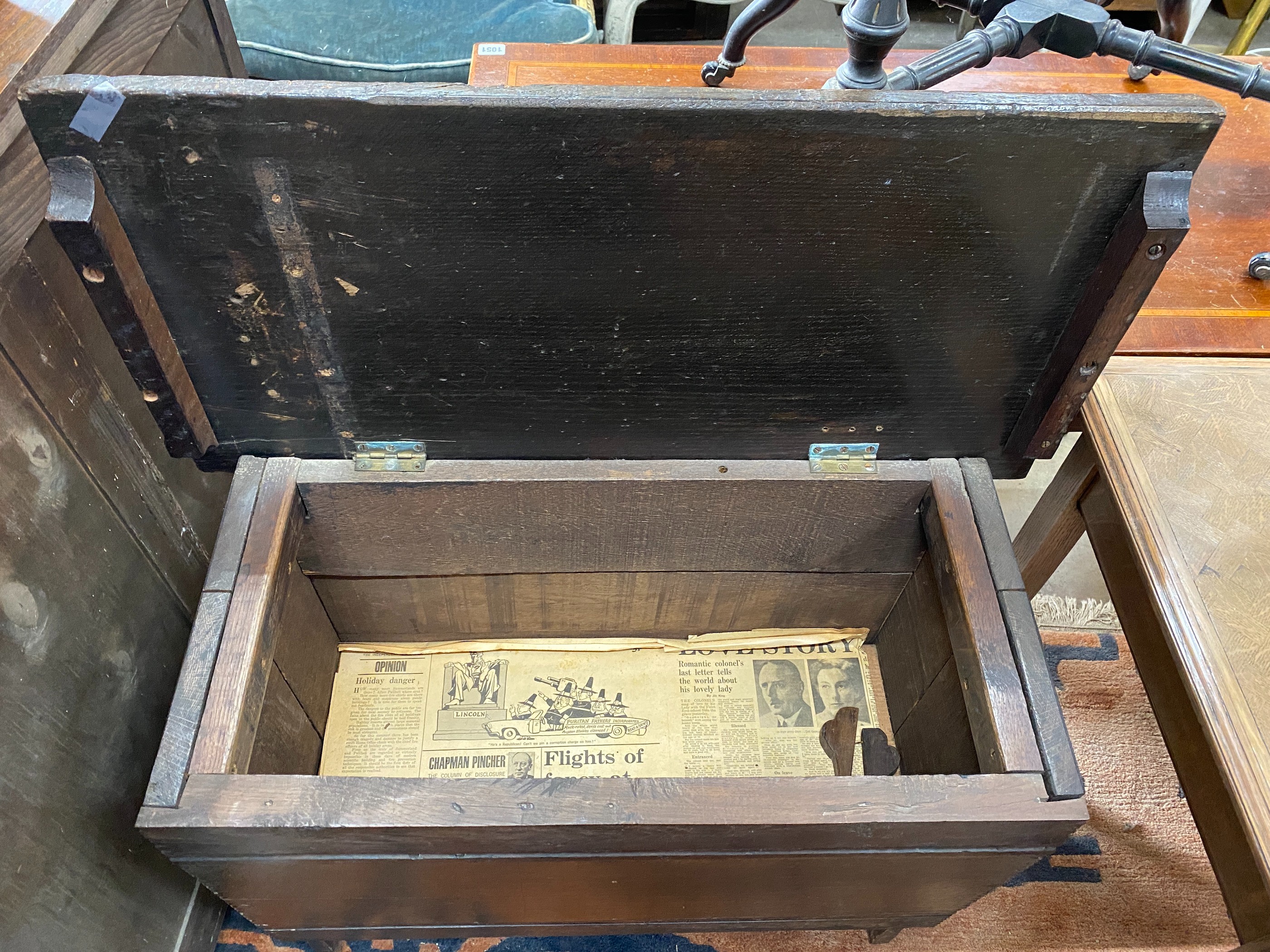 A small 17th century style oak six plank coffer, width 82cm, depth 41cm, height 63cm (incorporates old timber)